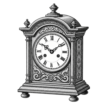 Antique Mantel Clock Stippled Illustration Black and White Roman Numerals Ornate Design isolated on a transparent background png