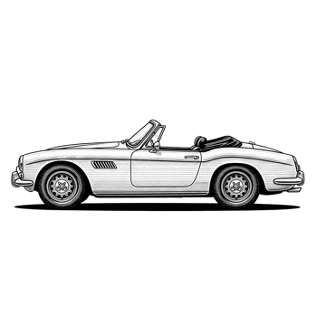 White Classic Convertible Sports Car Side Profile Line Art Illustration isolated on a transparent background png