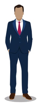 Faceless Hispanic male in his prime age, stands confidently with hands in pockets. Dressed in a sharp, professional suit. Embodies success and self-assurance. Banker, tech investor, or entrepreneur. vector