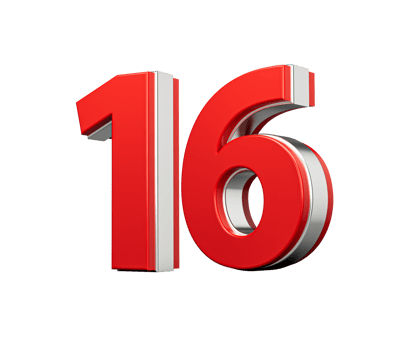 Bold Vibrant Red Number Sixteen Number 16 With Metallic On White Background 3D Illustration png
