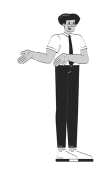 Friendly latino male office worker explaining with gesture doodle linear character. Cheerful hispanic man business casual 2D outline person isolated. Hand drawn drawing illustration monochrome vector