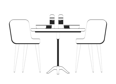 Office cafeteria lunchtime lunch boxes doodle linear object. Breaktime with two chairs table, meal prep thermos 2D outline clip art drawing isolated on white. Hand drawn sketch illustration vector