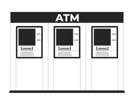 Row of ATM machines for public banking 2D line object. Automated teller devices withdrawal. Financial self service cashpoints isolated clipart ink outline item. Monochrome spot illustration vector