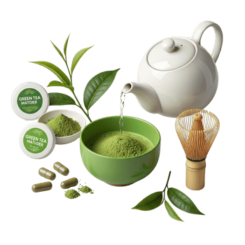 A vibrant green tea matcha set, with capsules and whisk, isolated on transparent background png