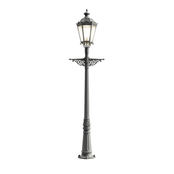 An ornate street lamp, isolated on transparent background, stands tall with its intricate metalwork and glowing light png
