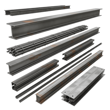 An array of steel beams and rebar, isolated on transparent background, showcasing various structural metal profiles with hints of rust png