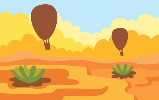Hot air balloons flying over desert land illustration vector