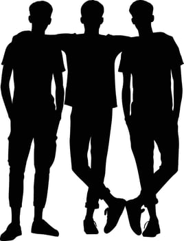 Three young men standing together in a silhouette with arms around each other vector