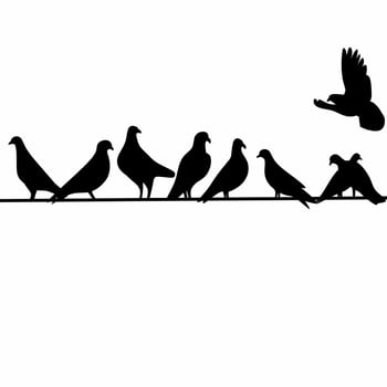 silhouette of a group of pigeons perched on a power line on a white background. vector