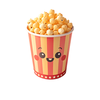 Cute 3D Cartoon Popcorn Bucket Overflowing with Popcorn and Bold Colors png