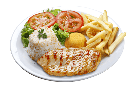 Grilled chicken breast, rice, salad, French fries, farofa png