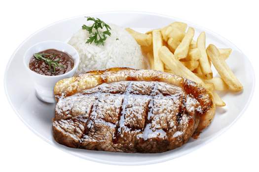 Roasted picanha steak, rice, salad, farofa, fries, sauce png