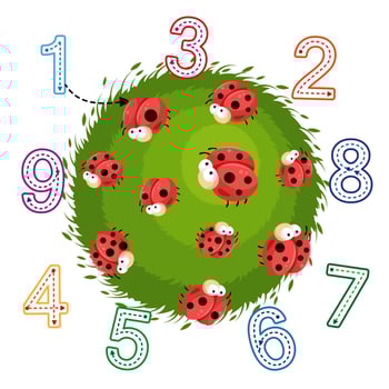 Kids game mathematic. Writing practice. Cute ladybugs. Tracing numbers. Logic lessons. Preschool exercise. Educational cards for children vector