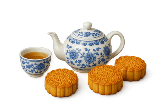 Mid autumn festival tea set with mooncakes, isolated on transparent background png
