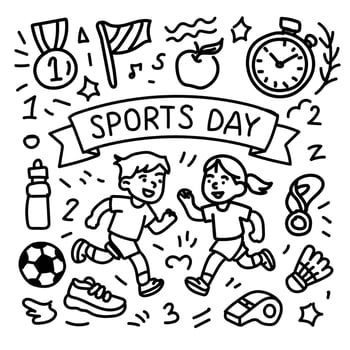 Sports day doodle with kids running, medals, stopwatch, soccer ball, whistle and sneakers in black and white style vector