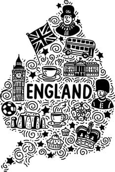Hand drawn England map with Big Ben, tea cup, crown, guard, double decker bus, Union Jack, British traditions and landmarks in black and white line art style vector