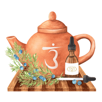 Watercolor clay teapot with Third eye Ajna chakra symbol, juniper branchlets and glass vial of essential oil on wooden tray. Ayurveda clipart. Hand-drawn illustration on the theme of aromatherapy png