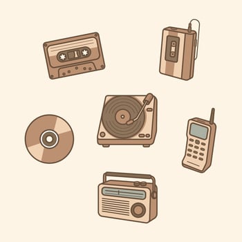 entertainment cartoon character music tools. music nostalgia memories and retro audio vector