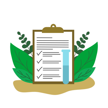 Medical checklist and test tube with green leaves. png