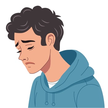 Young man, sad expression, depression, despair. Mental health. Teenage depression. Flat graphic illustration isolated on white background vector