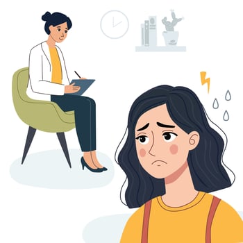 Woman in therapy with a consultant. Psychiatric care for a patient in a state of stress. Consultation with a psychotherapist for emotional support and overcoming anxiety, reducing stress. vector