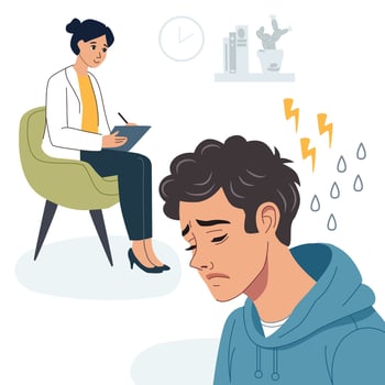 Depressed man in psychotherapy session with woman, struggling with anxiety and stress, providing mental health support to patient, illustration for medical article vector
