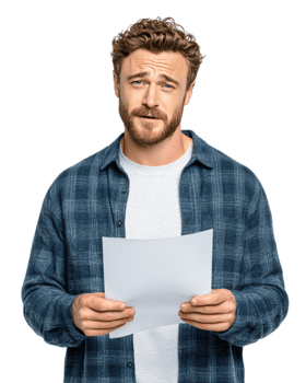 Young Man Holding Paper with Concerned Expression in Casual Outfit png