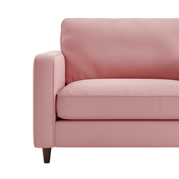 Pink upholstered armchair with modern design and wooden legs png