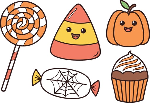 Kawaii Halloween Candy and Dessert Set with Cute Faces vector