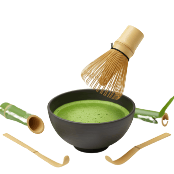 Traditional tea ceremony with green tea and wooden utensils png