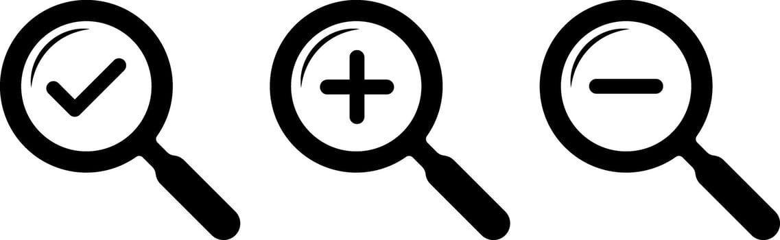 Zoom In and Zoom Out icons. Search icons. Magnifying Glass icons. magnifier with plus and minus. loupe with check mark signs vector