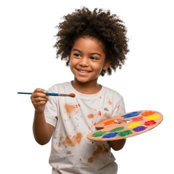 Young girl with curly hair holding colorful art supplies png