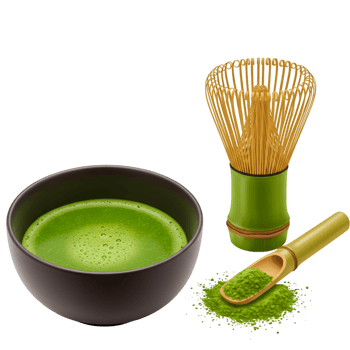 Traditional green tea bowl with bamboo whisk for ceremony png