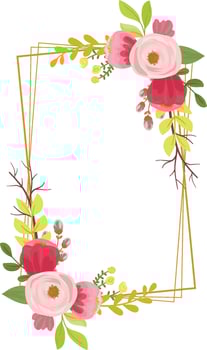 Maroon Red Rose Floral Frame with Golden Border and Lush Green Leaves vector