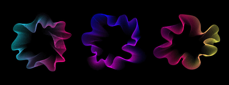 Set of multicolored neon abstract sound dots wave oscillations. Sound curve. Digital equalizer. Colorful template for music poster, banner. radial spectrum on black background. vector