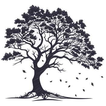 Majestic Oak Tree Silhouette in Autumn Wind, Serene Nature Illustration, Falling Leaves, Dark Moody Artwork vector