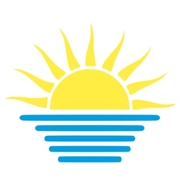 Bright yellow sun rising over blue waves illustration vector