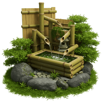 Miniature zen garden with rocks plants and water feature png