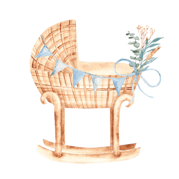 Baby Boy cradle from rattan with Bunting Party blue Flags and eucalyptus bouquet in Vintage style. Hand drawn Watercolor Crib illustration in eco style. Children's accessory for newborn greeting or png