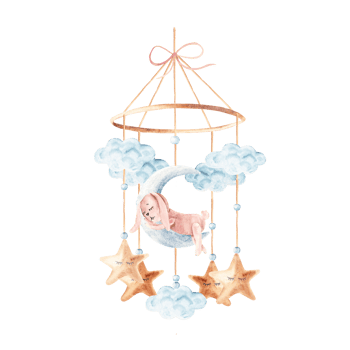 Watercolor baby cradle Mobile with cute pink rabbit sleeping on moon with clouds and stars. Hand drawn illustration in pastel colors of kids hanging toy. For greeting cards, gender reveal, its a girl png