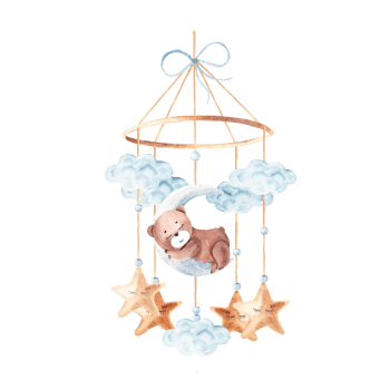 Watercolor baby cradle Mobile with cute teddy bear sleeping on moon with clouds and stars. Hand drawn illustration in pastel colors of kids hanging toy. For greeting cards, gender reveal, its a boy png