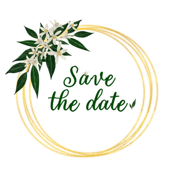 Wedding save the date card with flowers, deep green leaves, gold ring. in soft romantic tones, floral simple style. Botanical floral design with natural, fresh aesthetic.Perfect for invitations png