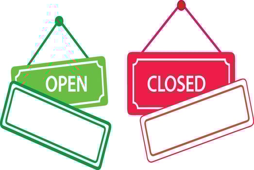 Open and closed signs hanging on white background with blank space. vector