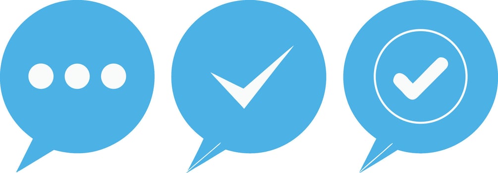 Three blue speech bubbles showing communication status with dots and checkmarks. vector