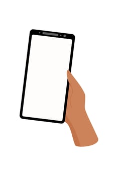 A hand holds a phone with a blank screen. The user displays template on the mobile device. This smartphone is perfect for showcasing apps, social media, or communication needs. Digital format, modern vector