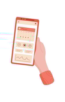 A mobile phone held in a hand. The smartphone screen displays a calendar application for planning activities. This user application offers features for organizing schedules and events. Digital vector