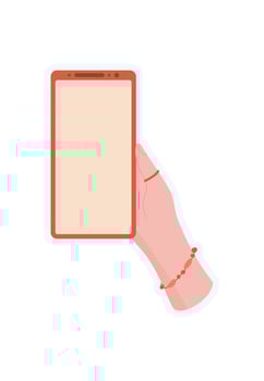 Hand holds smartphone sticker. User displays a phone. Gesture of communication, flat style, template for digital applications. vector