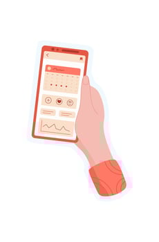 Hand holds phone with app sticker. User interacts on mobile screen. Online gesture, social media context, technological visual style, suitable for various mobile applications. vector