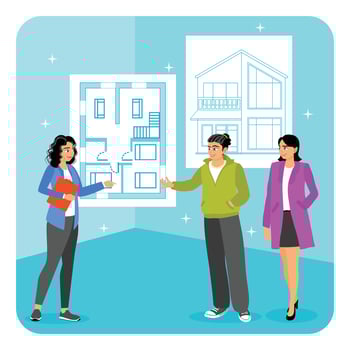 Architectural Education. An Architectural Engineer Explains the Layout of a House to Students. vector