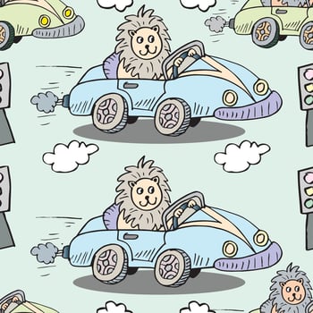 Seamless pattern with funny cartoon lions driving cars. vector